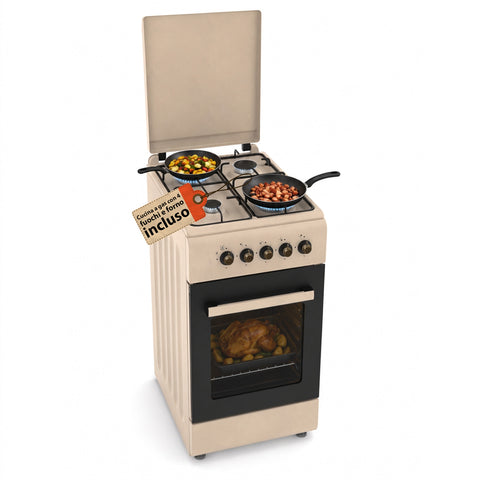 Cuisinière à gaz 50x50 cm avec four à gaz de 49 litres, 4 brûleurs de puissances différentes, valves de sécurité et couvercle