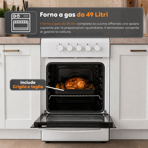 Cuisinière à gaz 50x50 cm avec four à gaz de 49 litres, 4 brûleurs de puissances différentes, valves de sécurité et couvercle