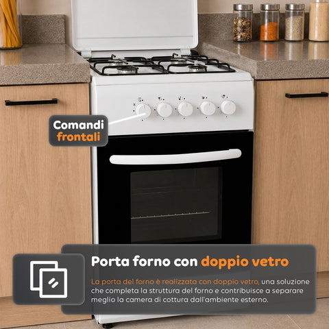 Cuisinière à gaz 50x50 cm avec four à gaz de 49 litres, 4 brûleurs de puissances différentes, valves de sécurité et couvercle