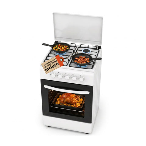Cuisinière à gaz 50x50 cm avec four à gaz de 49 litres, 4 brûleurs de puissances différentes, valves de sécurité et couvercle