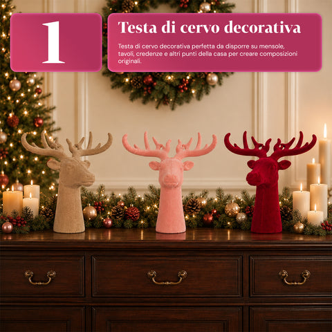 Tête de cerf décorative effet velours 32x20x28h cm | Objet décoratif au design moderne, disponible en 6 couleurs, pour la maison, le bureau et le magasin