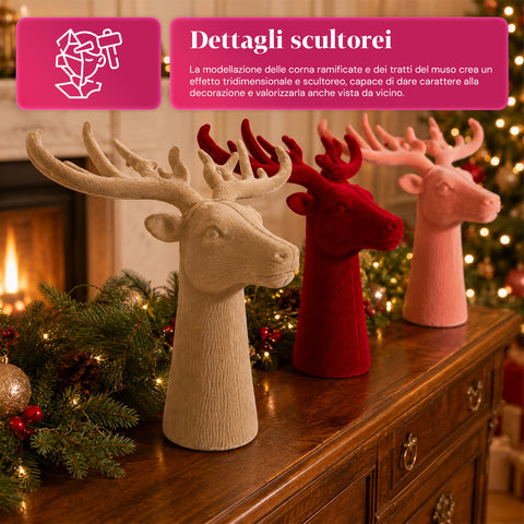 Testa di Cervo Decorativa Set 3 Pezzi Effetto Velluto 32x20x28 cm, Soprammobile Design Natalizio
