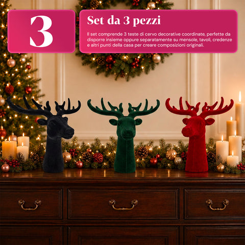 Testa di Cervo Decorativa Set 3 Pezzi Effetto Velluto 32x20x28 cm, Soprammobile Design Natalizio