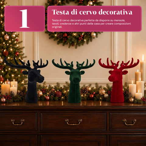 Tête de cerf décorative effet velours 32x20x28h cm | Objet décoratif au design moderne, disponible en 6 couleurs, pour la maison, le bureau et le magasin