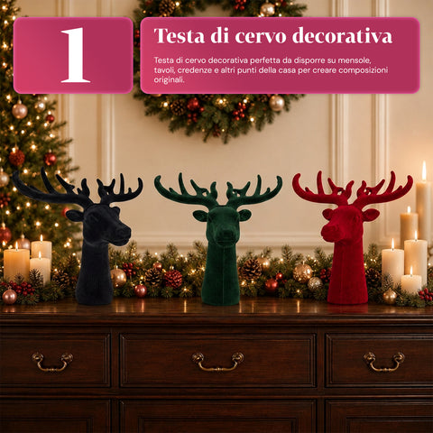 Tête de cerf décorative effet velours 32x20x28h cm | Objet décoratif au design moderne, disponible en 6 couleurs, pour la maison, le bureau et le magasin