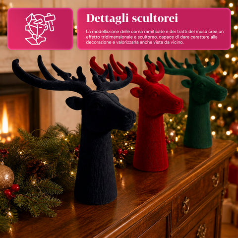 Tête de cerf décorative effet velours 32x20x28h cm | Objet décoratif au design moderne, disponible en 6 couleurs, pour la maison, le bureau et le magasin