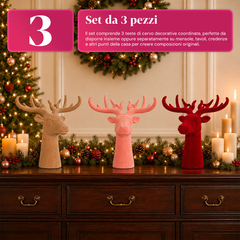 Tête de cerf décorative effet velours 32x20x28h cm | Objet décoratif au design moderne, disponible en 6 couleurs, pour la maison, le bureau et le magasin