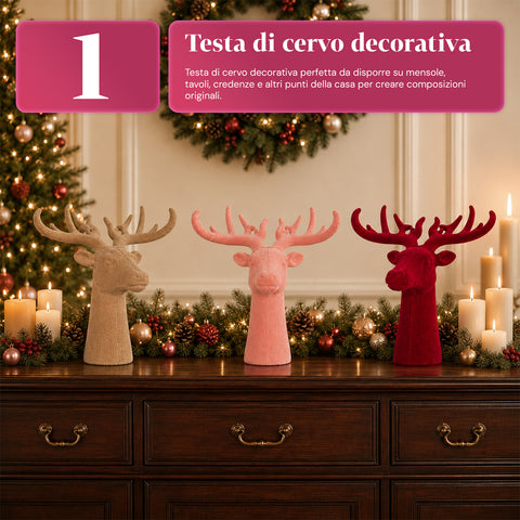 Tête de cerf décorative effet velours 32x20x28h cm | Objet décoratif au design moderne, disponible en 6 couleurs, pour la maison, le bureau et le magasin