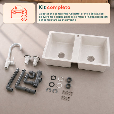 Lavello Cucina a Due Vasche con o senza Gocciolatoio, Bianco o Nero, Rubinetto incluso