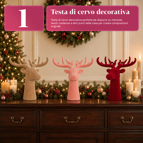 Tête de cerf décorative effet velours 32x20x28h cm | Objet décoratif au design moderne, disponible en 6 couleurs, pour la maison, le bureau et le magasin