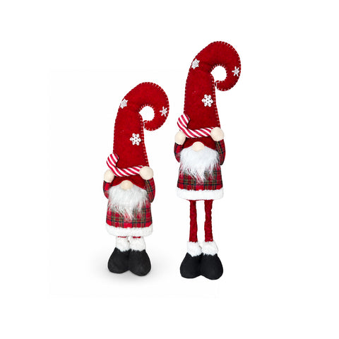 Gnomo di Natale Estensibile 80 cm con Cappello Rosso e Fiocchi di Neve – Soprammobile Natalizio in Tessuto Tartan con Struttura Regolabile