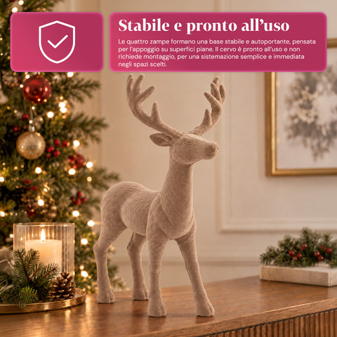 Cerf décoratif 33x44h cm effet velours, figurine de renne au design moderne pour la maison, le bureau et les vitrines, décoration de Noël, 6 variantes de couleur