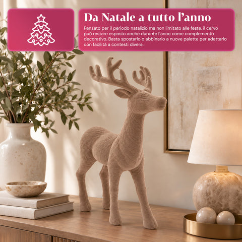 Cerf décoratif 33x44h cm effet velours, figurine de renne au design moderne pour la maison, le bureau et les vitrines, décoration de Noël, 6 variantes de couleur
