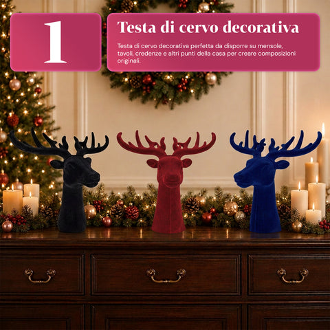 Tête de cerf décorative effet velours 32x20x28h cm | Objet décoratif au design moderne, disponible en 6 couleurs, pour la maison, le bureau et le magasin