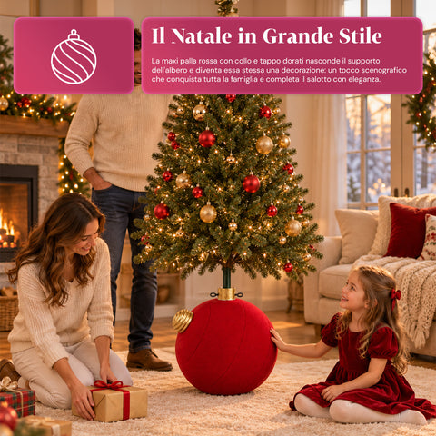 Base de sapin de Noël en forme de boule géante, effet velours, 41x41x44 cm, pour sapins jusqu’à 180 cm – cache-pied avec fixation Ø 4 cm, rouge bordeaux et vert
