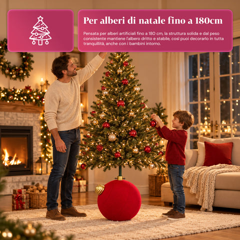 Base de sapin de Noël en forme de boule géante, effet velours, 41x41x44 cm, pour sapins jusqu’à 180 cm – cache-pied avec fixation Ø 4 cm, rouge bordeaux et vert