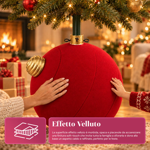 Base de sapin de Noël en forme de boule géante, effet velours, 41x41x44 cm, pour sapins jusqu’à 180 cm – cache-pied avec fixation Ø 4 cm, rouge bordeaux et vert