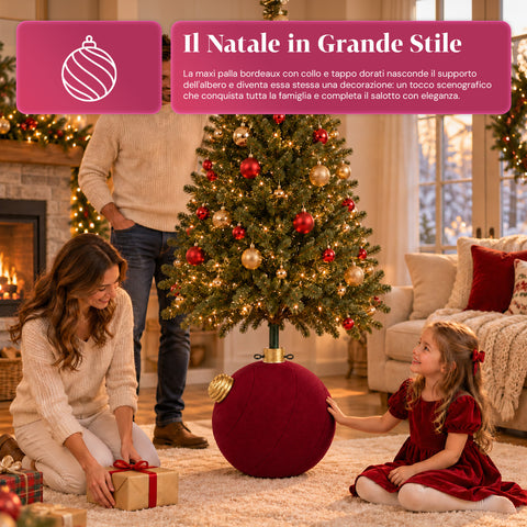 Base de sapin de Noël en forme de boule géante, effet velours, 41x41x44 cm, pour sapins jusqu’à 180 cm – cache-pied avec fixation Ø 4 cm, rouge bordeaux et vert