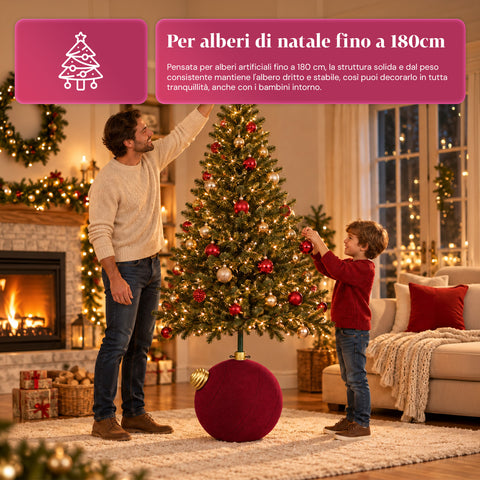 Base de sapin de Noël en forme de boule géante, effet velours, 41x41x44 cm, pour sapins jusqu’à 180 cm – cache-pied avec fixation Ø 4 cm, rouge bordeaux et vert