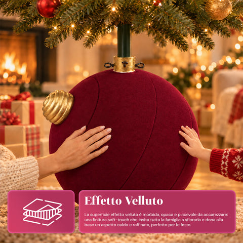Base de sapin de Noël en forme de boule géante, effet velours, 41x41x44 cm, pour sapins jusqu’à 180 cm – cache-pied avec fixation Ø 4 cm, rouge bordeaux et vert