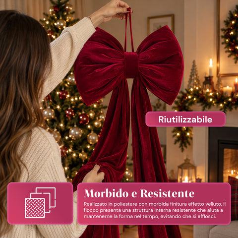 Grand Nœud en Velours Rouge 190 cm – Ornement Rembourré avec Crochet, Décoration pour Porte, Arbre et Intérieur