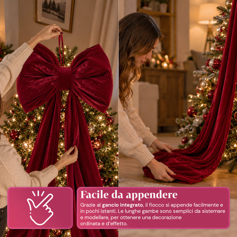 Grand Nœud en Velours Rouge 190 cm – Ornement Rembourré avec Crochet, Décoration pour Porte, Arbre et Intérieur