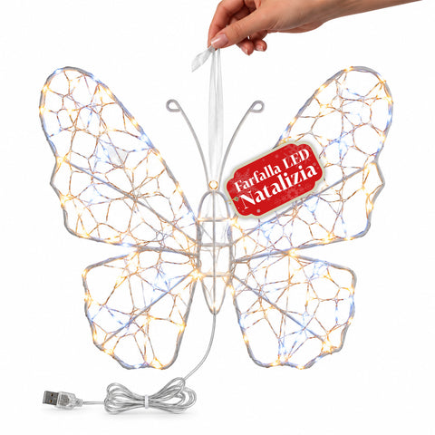 Papillon Lumineux LED Blanc 50x40 cm – Lampe Décorative en Fer avec Fil Doré, Lumières Blanches Chaudes et Froides, Alimentation USB et Crochet