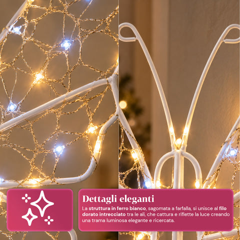 Papillon Lumineux LED Blanc 50x40 cm – Lampe Décorative en Fer avec Fil Doré, Lumières Blanches Chaudes et Froides, Alimentation USB et Crochet
