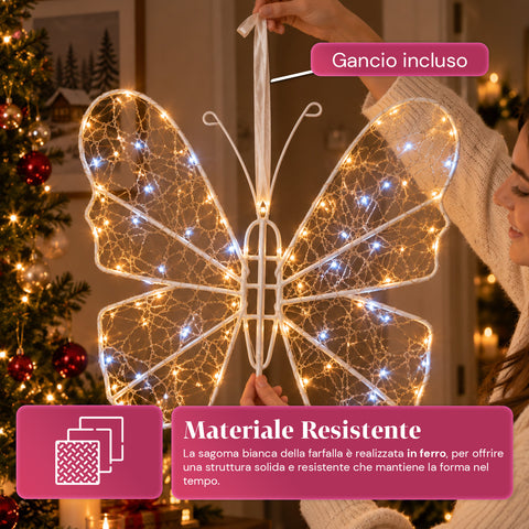 Papillon Lumineux LED Blanc 50x40 cm – Lampe Décorative en Fer avec Fil Doré, Lumières Blanches Chaudes et Froides, Alimentation USB et Crochet