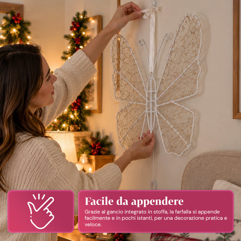 Papillon Lumineux LED Blanc 50x40 cm – Lampe Décorative en Fer avec Fil Doré, Lumières Blanches Chaudes et Froides, Alimentation USB et Crochet