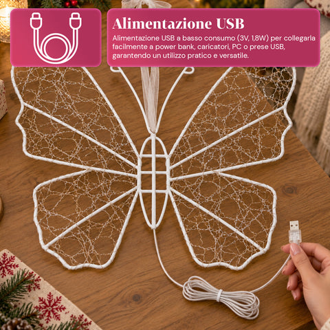 Papillon Lumineux LED Blanc 50x40 cm – Lampe Décorative en Fer avec Fil Doré, Lumières Blanches Chaudes et Froides, Alimentation USB et Crochet