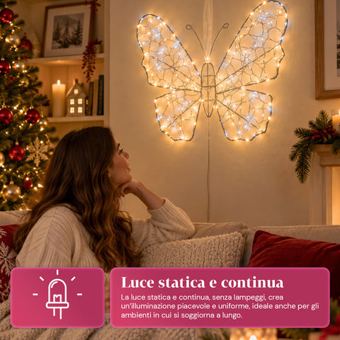 Papillon Lumineux LED Blanc 50x40 cm – Lampe Décorative en Fer avec Fil Doré, Lumières Blanches Chaudes et Froides, Alimentation USB et Crochet