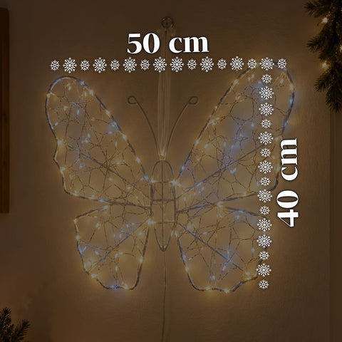Papillon Lumineux LED Blanc 50x40 cm – Lampe Décorative en Fer avec Fil Doré, Lumières Blanches Chaudes et Froides, Alimentation USB et Crochet