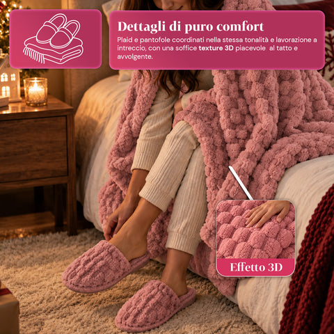 Set Coperta e Pantofole Soffici e Avvolgenti | Plaid Morbido 125x170 cm, Ciabatte Taglia Unica, 4 Colori