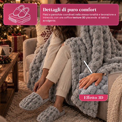 Set Coperta e Pantofole Soffici e Avvolgenti | Plaid Morbido 125x170 cm, Ciabatte Taglia Unica, 4 Colori