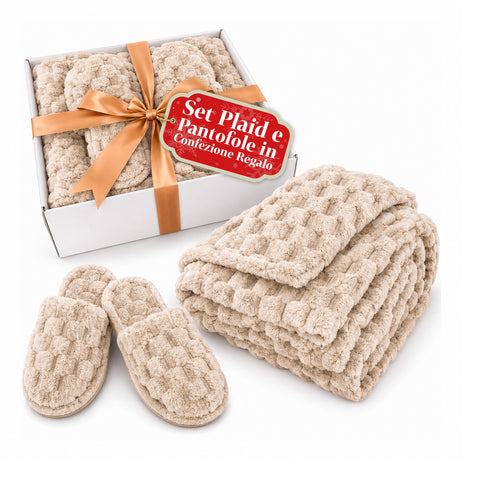 Set Coperta e Pantofole Soffici e Avvolgenti | Plaid Morbido 125x170 cm, Ciabatte Taglia Unica, 4 Colori