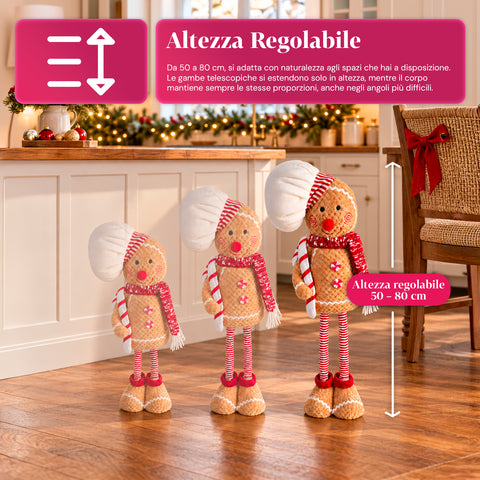 Personnage de Noël en pain d’épices extensible de 50 à 80 cm, décoration de Noël en peluche avec jambes télescopiques, 2 variantes