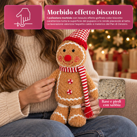 Personnage Ginger en pain d’épices en peluche de 30 et 40 cm – Décoration de Noël avec toque de chef ou bonnet de Noël