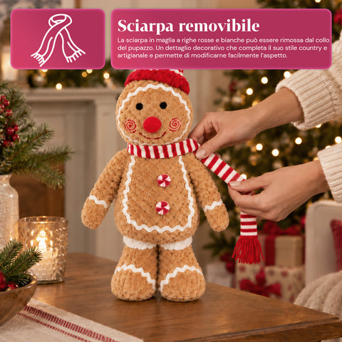 Personnage Ginger en pain d’épices en peluche de 30 et 40 cm – Décoration de Noël avec toque de chef ou bonnet de Noël