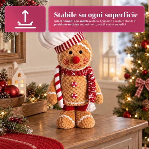 Personnage Ginger en pain d’épices en peluche de 30 et 40 cm – Décoration de Noël avec toque de chef ou bonnet de Noël