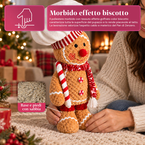 Personnage Ginger en pain d’épices en peluche de 30 et 40 cm – Décoration de Noël avec toque de chef ou bonnet de Noël