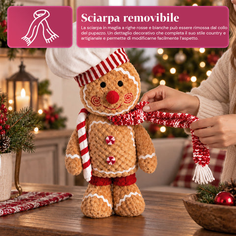 Personnage Ginger en pain d’épices en peluche de 30 et 40 cm – Décoration de Noël avec toque de chef ou bonnet de Noël