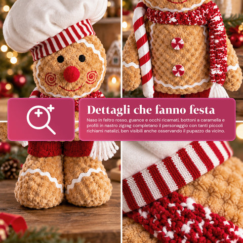 Personnage Ginger en pain d’épices en peluche de 30 et 40 cm – Décoration de Noël avec toque de chef ou bonnet de Noël