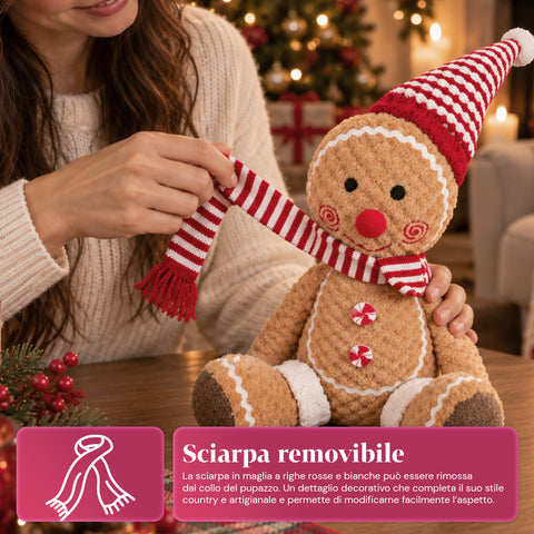 Personnage Ginger en pain d’épices en peluche de 30 et 40 cm – Décoration de Noël avec toque de chef ou bonnet de Noël