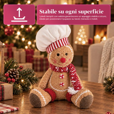 Personnage Ginger en pain d’épices en peluche de 30 et 40 cm – Décoration de Noël avec toque de chef ou bonnet de Noël