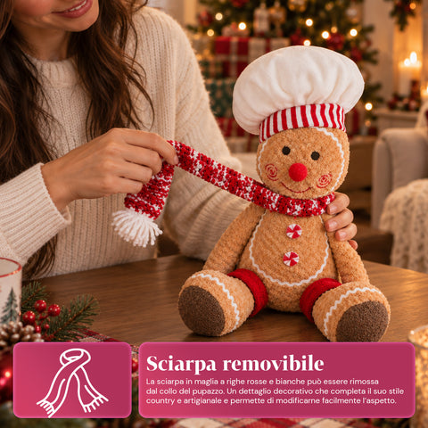 Personnage Ginger en pain d’épices en peluche de 30 et 40 cm – Décoration de Noël avec toque de chef ou bonnet de Noël