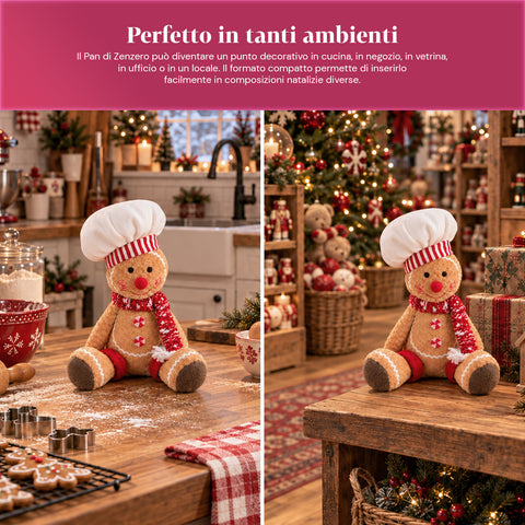 Personnage Ginger en pain d’épices en peluche de 30 et 40 cm – Décoration de Noël avec toque de chef ou bonnet de Noël
