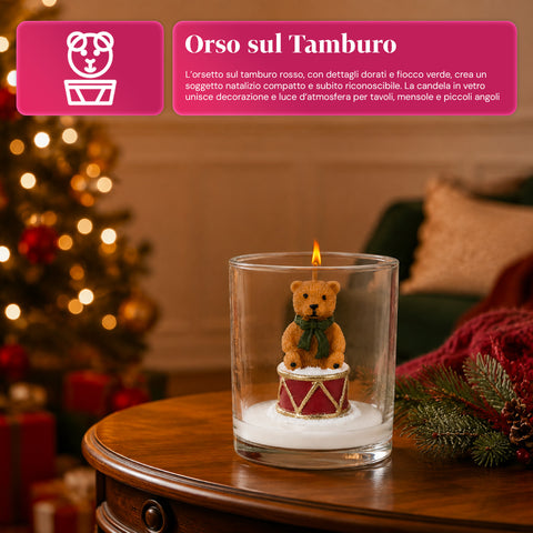 Candela Natalizia in Bicchiere di Vetro 7 cm - Orsetto con Cappello di Babbo Natale o Orso sul Tamburo - Decorazione e Centrotavola