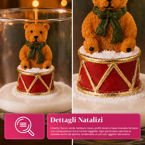 Candela Natalizia in Bicchiere di Vetro 7 cm - Orsetto con Cappello di Babbo Natale o Orso sul Tamburo - Decorazione e Centrotavola