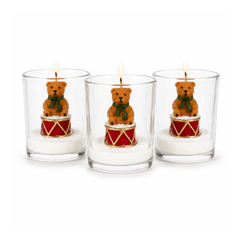 Candela Natalizia in Bicchiere di Vetro 7 cm - Orsetto con Cappello di Babbo Natale o Orso sul Tamburo - Decorazione e Centrotavola